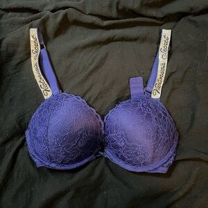 navy blue victoria's secret bombshell bra with rinestone straps